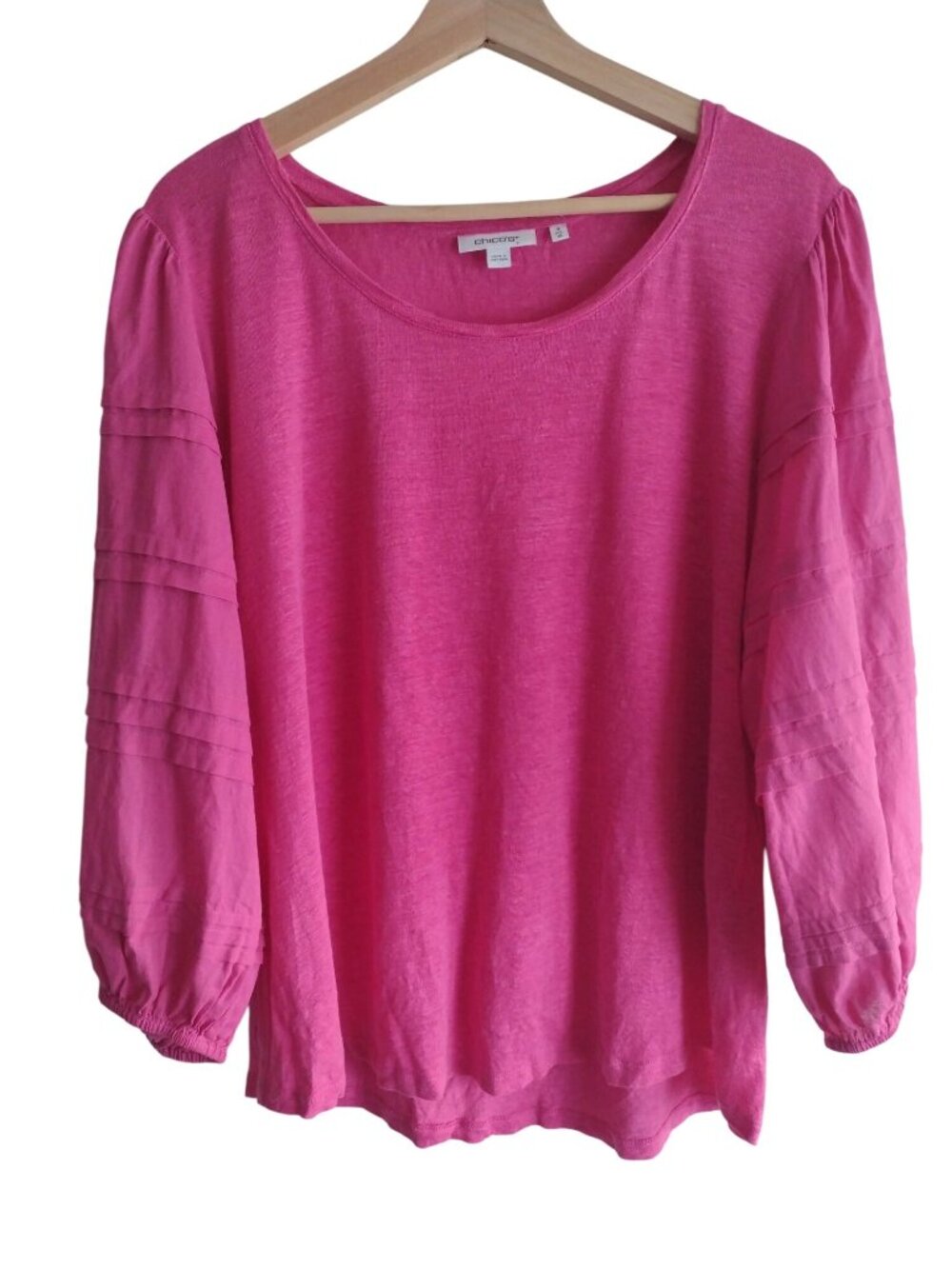 Chicos Pink Linen Top XL 3 Relaxed Fit Puff Sleeve Lightweight Fuschia Blouse